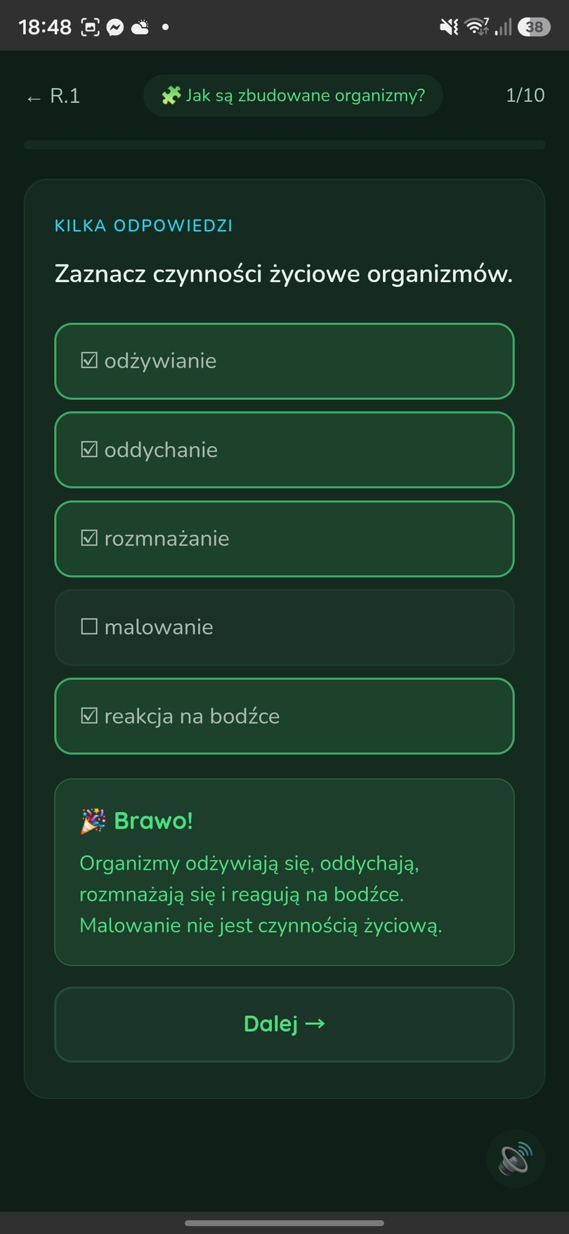 Pytanie quizowe z zaznaczonymi odpowiedziami i potwierdzeniem poprawnej odpowiedzi